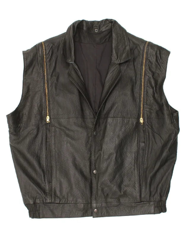 VINTAGE Mens Leather Gilet UK 40 Large Black Leather