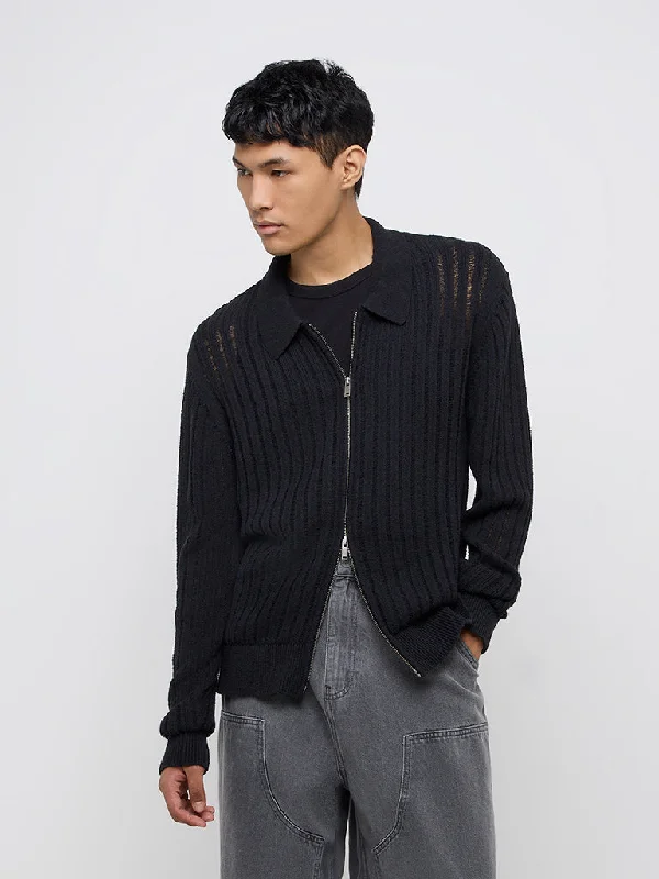 Nuon Black Self-Striped Slim-Fit Jacket