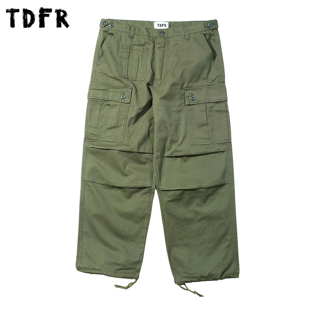 Soft T-Shirts Multi-Pocket Cargo Pants Safari Style Drawstring Jogger Pants Wide Leg Trousers