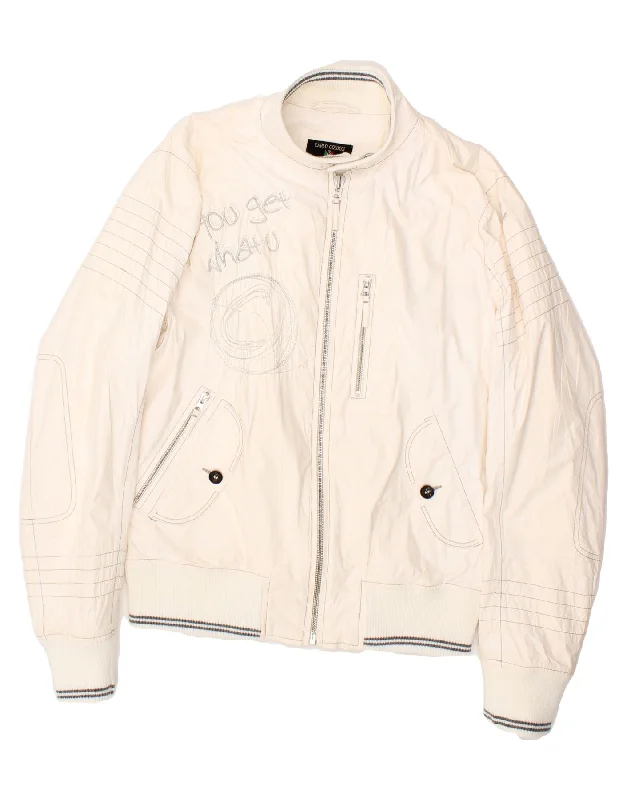 CARLO COLUCCI Mens Graphic Bomber Jacket IT 50 Large White Polyurethane