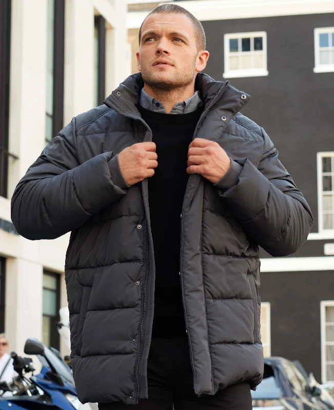 Dark Grey Hooded Puffer Jacket with Rib Knit Storm Cuffs