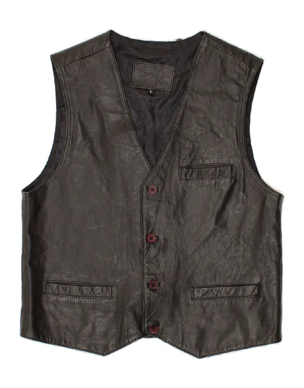 VINTAGE Mens Slim Leather Waistcoat  Large Black Leather