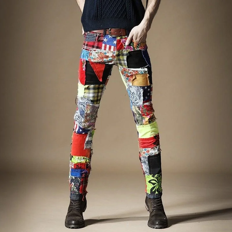 Active Comfort Men's Slim Patchwork Punk Style Designer Pants