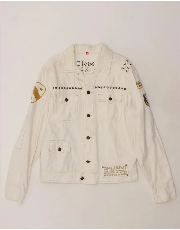 Soft T-Shirts ZU ELEMENTS Mens Graphic Denim Jacket UK 42 XL Off White Cotton