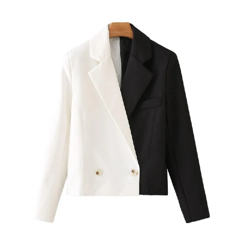 Black-White Crop Blazer Women - Casual - Patchwork