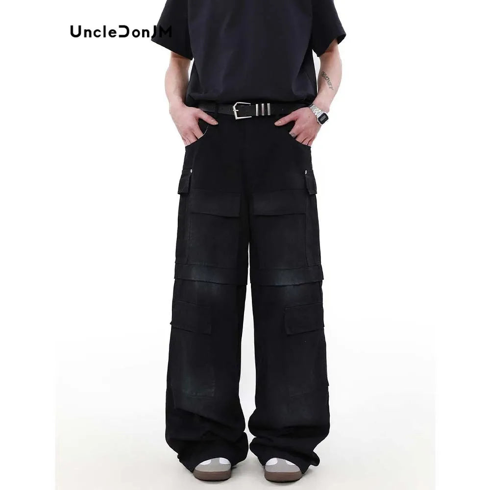 Black Heavy Industry Denim Cargo Pants - Men's Multi-pocket Wide Leg Jeans