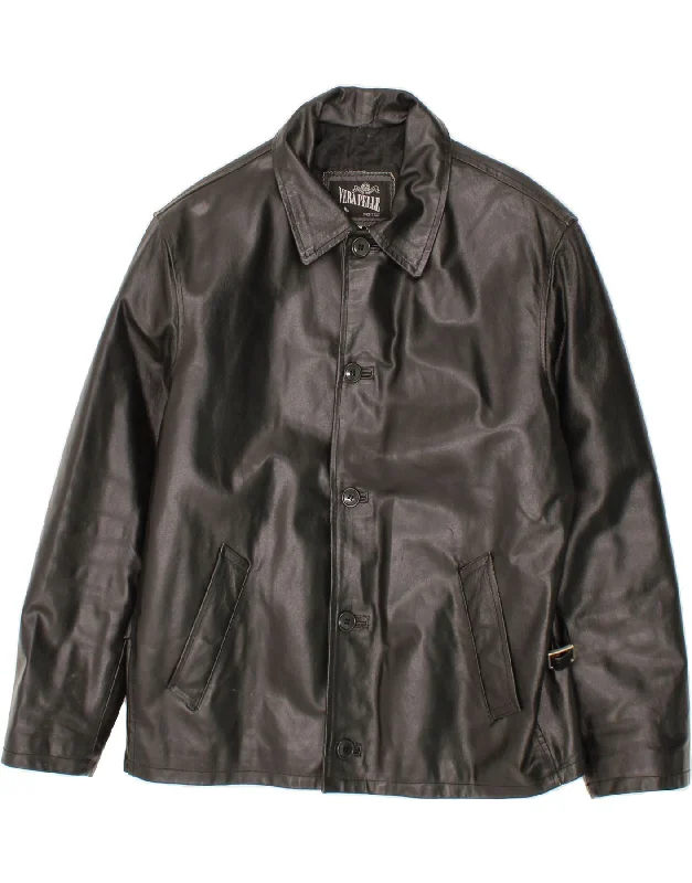 Relaxed Fit VINTAGE Mens Leather Jacket IT 48 Medium Black Leather