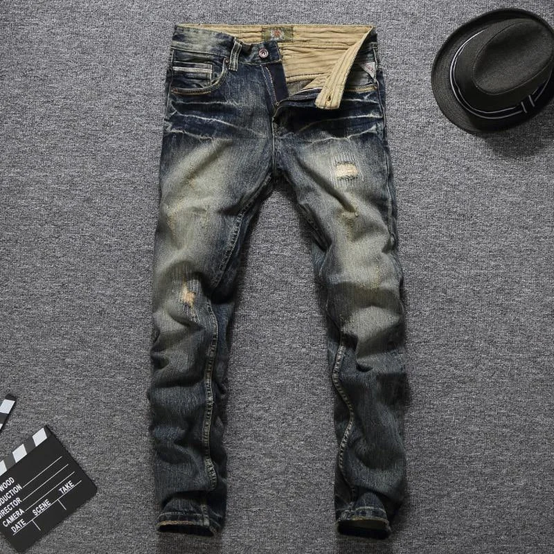 Sporty Trends Men's Vintage Retro Style Slim Fit Distressed Jeans