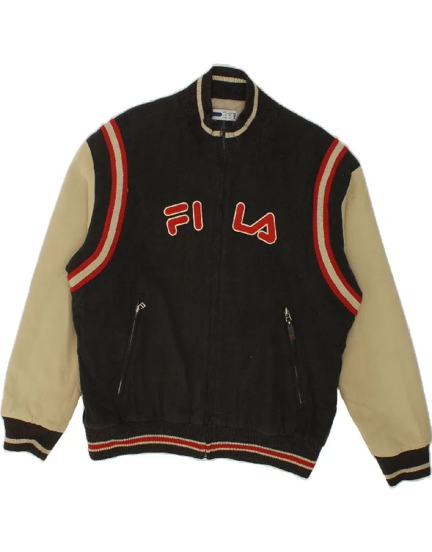 Relaxed Denim FILA Mens Graphic Bomber Jacket UK 40 Large Black Colourblock Acrylic