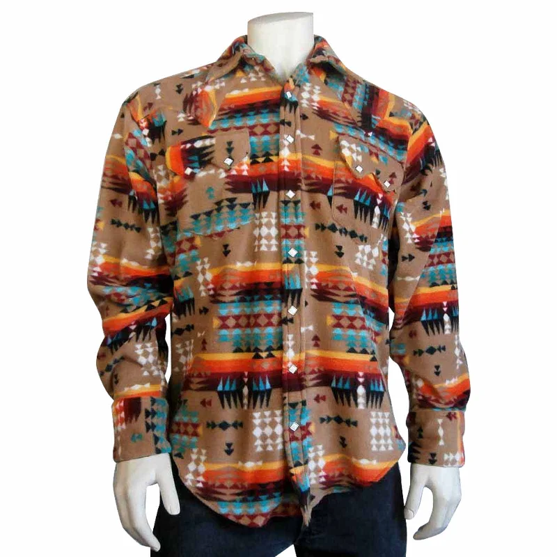 Men's Native Pattern Fleece Western Shirt in Camel & Red