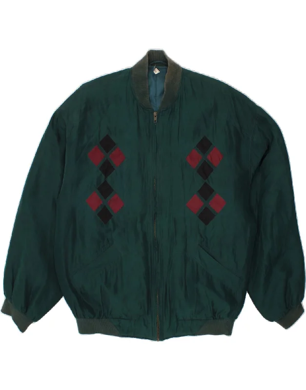 Cozy Fit VINTAGE Mens Loose Fit Bomber Jacket UK 34/36 XS Green Argyle/Diamond Silk