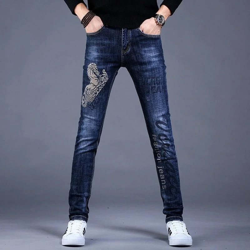 Urban Look Men's Embroidery Trendy Straight Slim Fashion Jeans