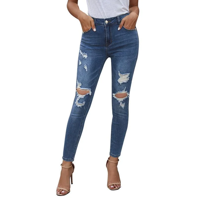 Timeless Style New Casual Worn High Waist Cropped Pants Ripped Jeans
