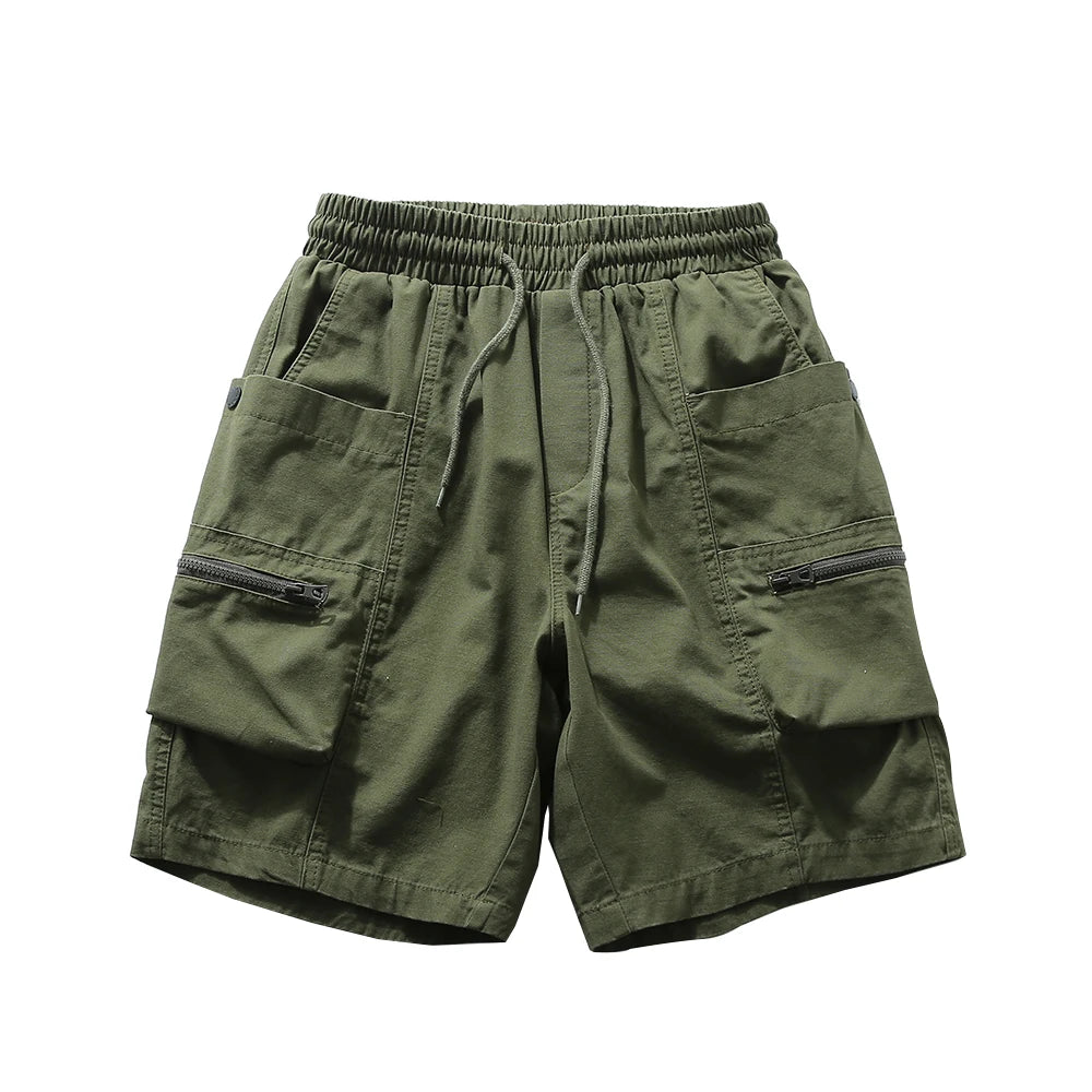 Smart Casual Multi-Pocket Cargo Shorts with Elastic Waist - Safari Style