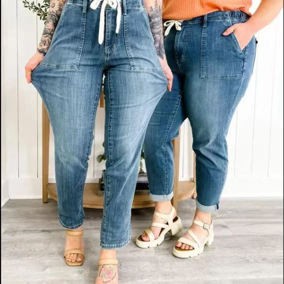 All-Purpose Wear Straight Drawstring Jeans Fashion Pants