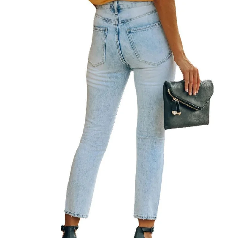 Soft Fabrics Denim Ripped Ankle-length Casual Pants