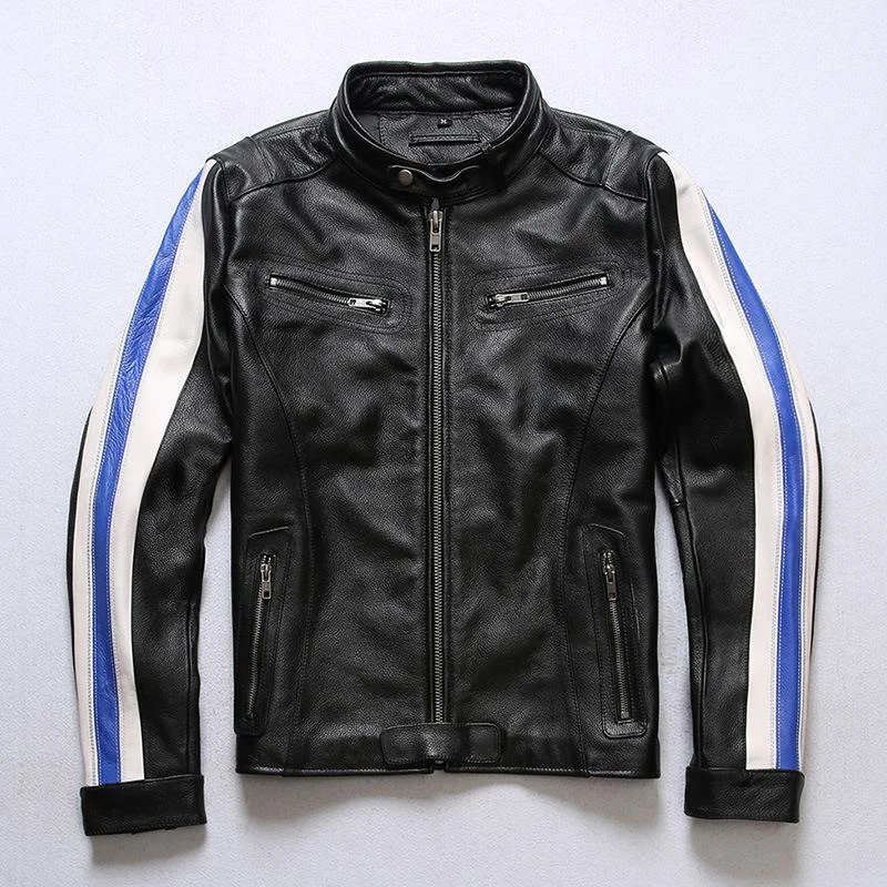 Minimalist Style Blue Streak Motorcycle Jacket – Full-Grain Leather with Racing Style