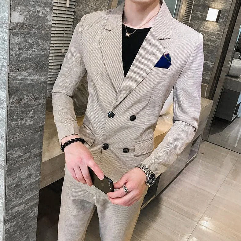 Cozy Apparel Slim-fit Solid Color Double-breasted Two-piece Suit