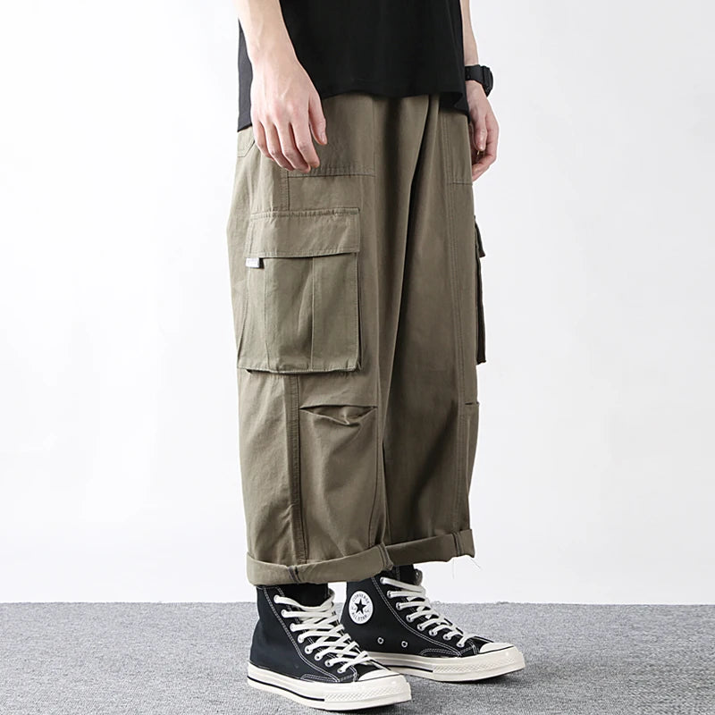 Casual Cargo Pants Men Baggy Wide-leg Cropped Work Trousers