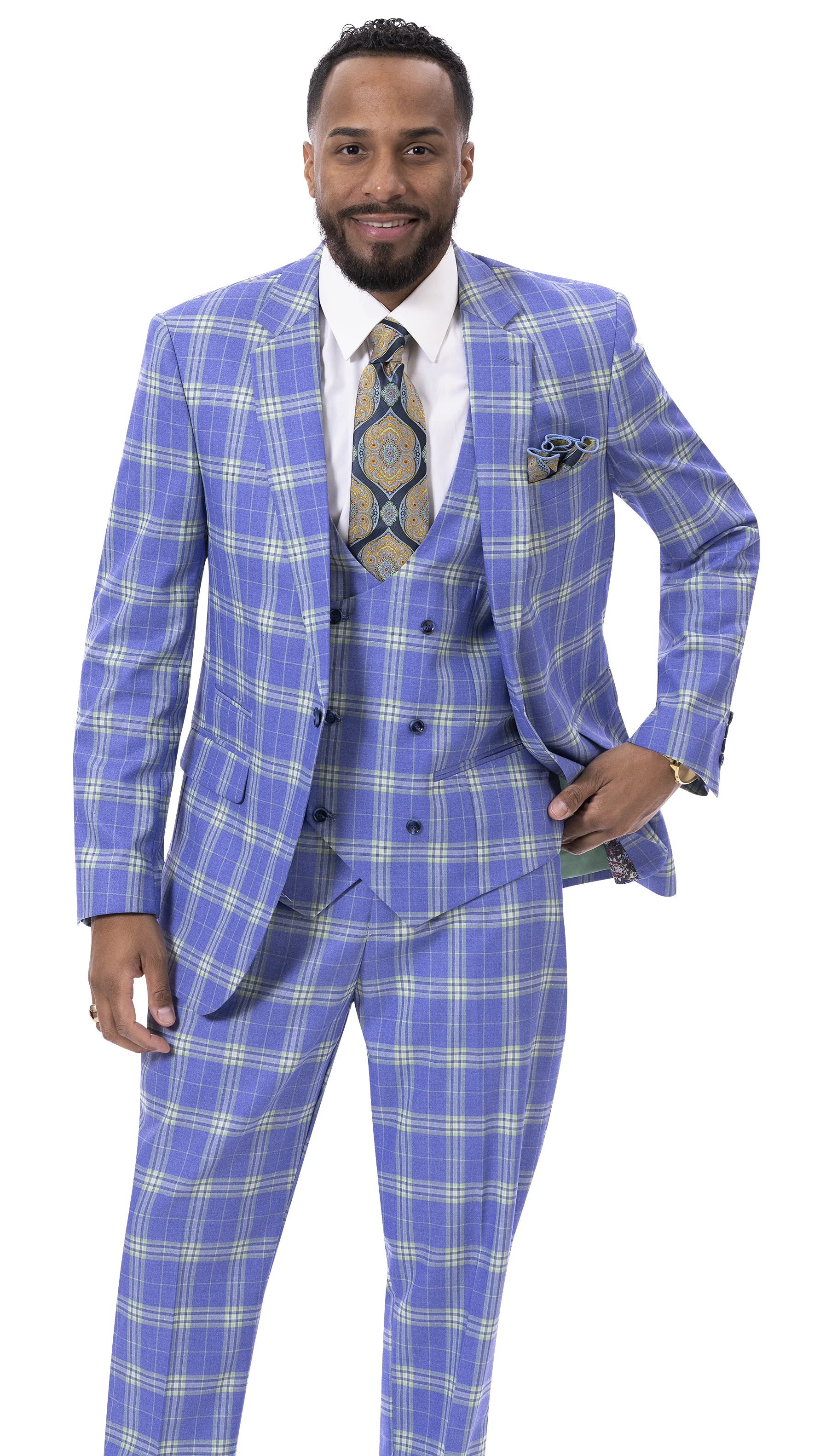 Blue & Green Plaid Three Piece Regular Fit Fashion Suit M2789