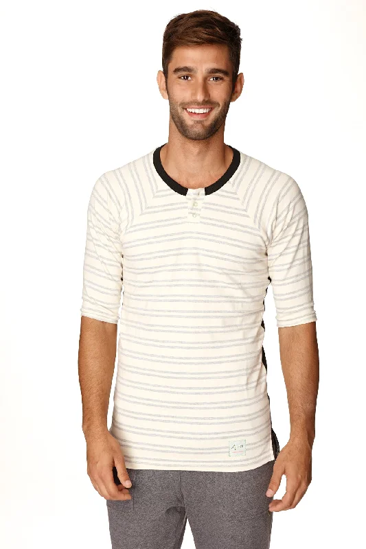 Soft Fabrics 4-rth Mens Vintage-Stripe Henley Tee in French Terry Loop (Grey Double Stripe)