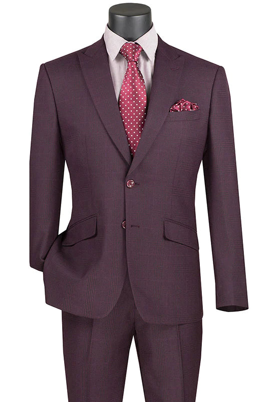 Moderno Collection: Burgundy 2 Piece Glen Plaid Single Breasted Slim Fit Suit