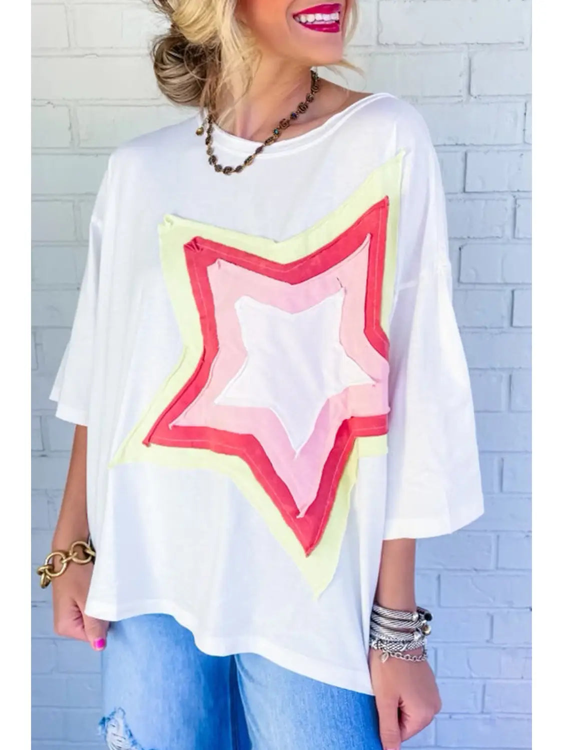 White Colorblock Star Patched Half Sleeve Oversized Tee