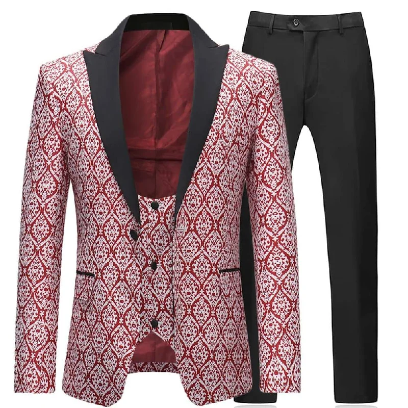 3-Piece Slim Fit Paisley Maroon Suit Print Suit