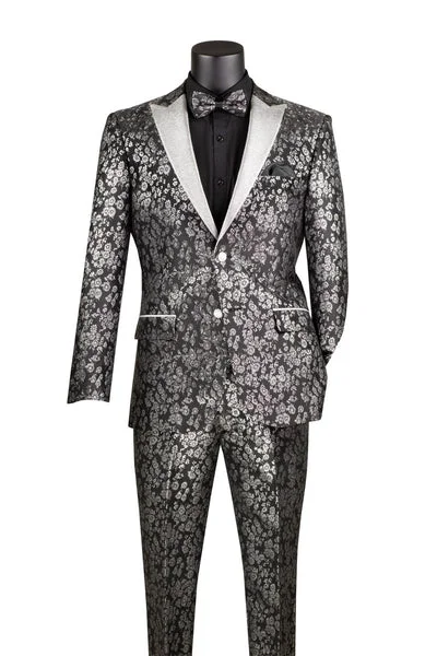 Relaxed Denim Eldoria Collection: Black 2 Piece Jacquard Fabric Single Breasted Slim Fit Tuxedo Relaxed Denim Eldoria Collection: Black 2 Piece Jacquard Fabric Single Breasted Slim Fit Tuxedo