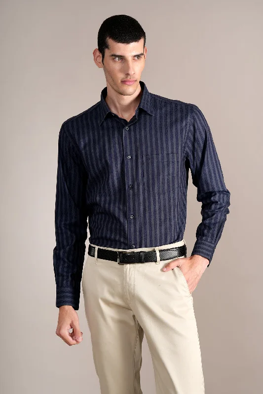 Urban Apparel Men's Navy Blue Striped Full Sleeves Formal Shirt