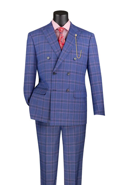 Functional Fashion Luxelito Collection: Blue 2 Piece Glen Plaid Double Breasted Modern Fit Suit Functional Fashion Luxelito Collection: Blue 2 Piece Glen Plaid Double Breasted Modern Fit Suit
