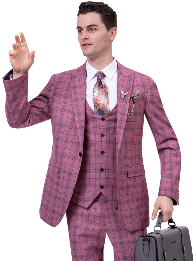 Relaxed Fits Mauve Plaid Three Piece Modern Fit Fashion Suit M2765