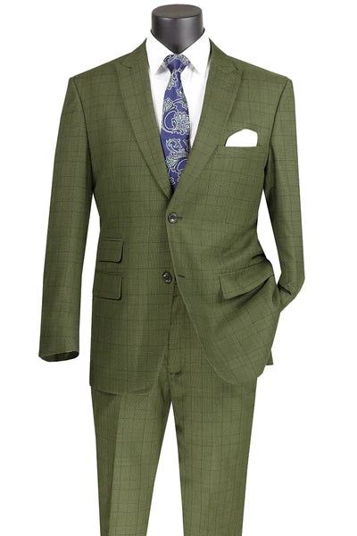 Practical Clothing Astro Collection: Olive 2 Piece Windowpane Single Breasted Modern Fit Suit