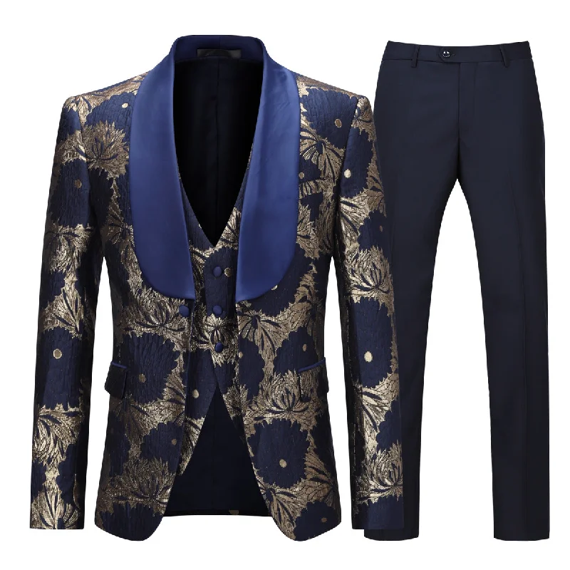 Navy One Button Jacquard Floral 3-Piece Dress Suit