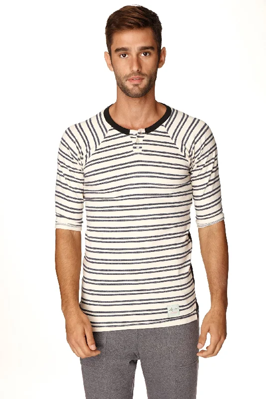 Basic Fashion 4-rth Mens Vintage-Stripe Henley Tee in French Terry Loop (Navy Double Stripe)