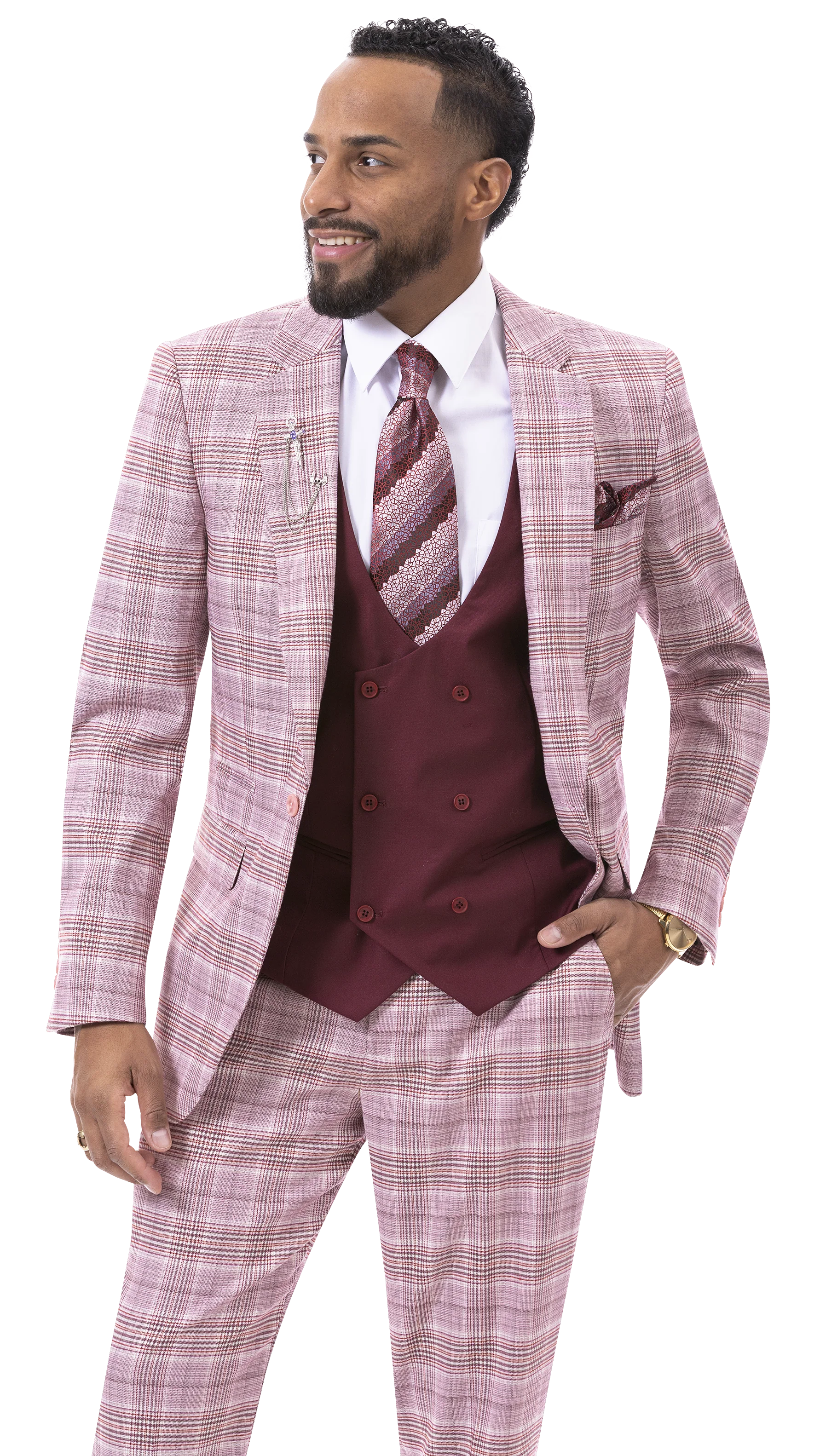 Burgundy Plaid Three Piece Fashion Suit M2787