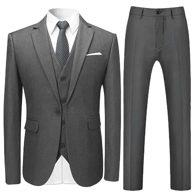 Relaxed Fit 3-Piece Slim Fit Solid Color Jacket Smart Wedding Formal Suit Grey