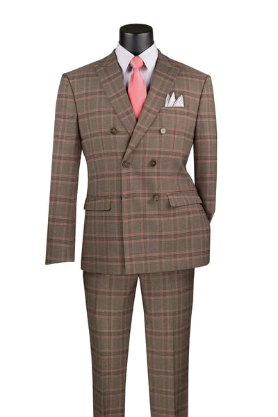 Minimalist Style Luxelito Collection: Brown 2 Piece Glen Plaid Double Breasted Modern Fit Suit Minimalist Style Luxelito Collection: Brown 2 Piece Glen Plaid Double Breasted Modern Fit Suit