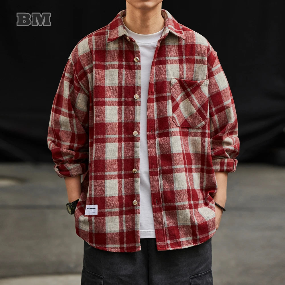 Functional Fashion Japanese Vintage Plaid Shirt For Men - High Quality Casual Long Sleeves