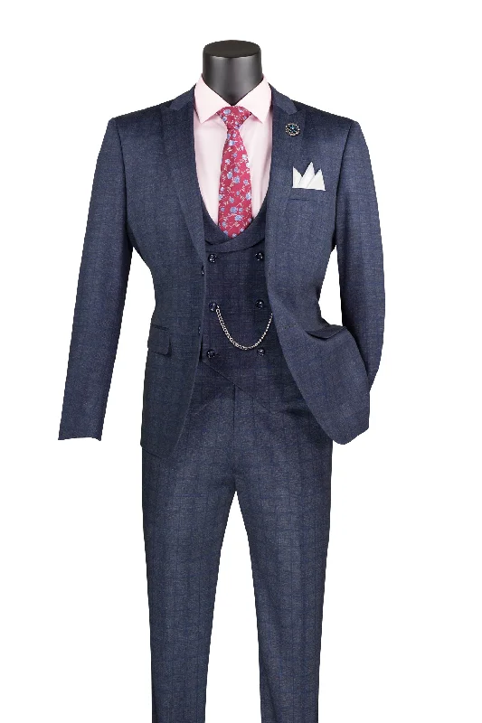 Versatile Style Vintique Collection: Glen Plaid Slim Fit Suit with Peak Lapel in Navy