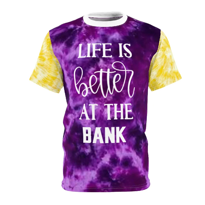 Sporty Styles Unisex Cut & Sew Tee - Purple/Gold Tie-Dye - Life is Better at the BANK Sporty Styles Unisex Cut & Sew Tee - Purple/Gold Tie-Dye - Life is Better at the BANK