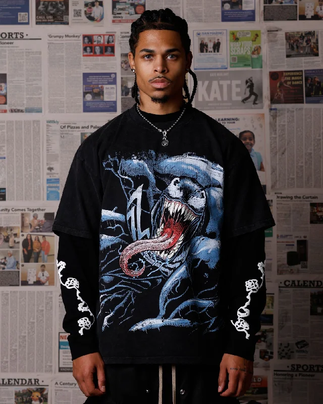 Simple Outfits Goat Crew Marvel Venom Poster Vintage T-Shirt Black Acidwash