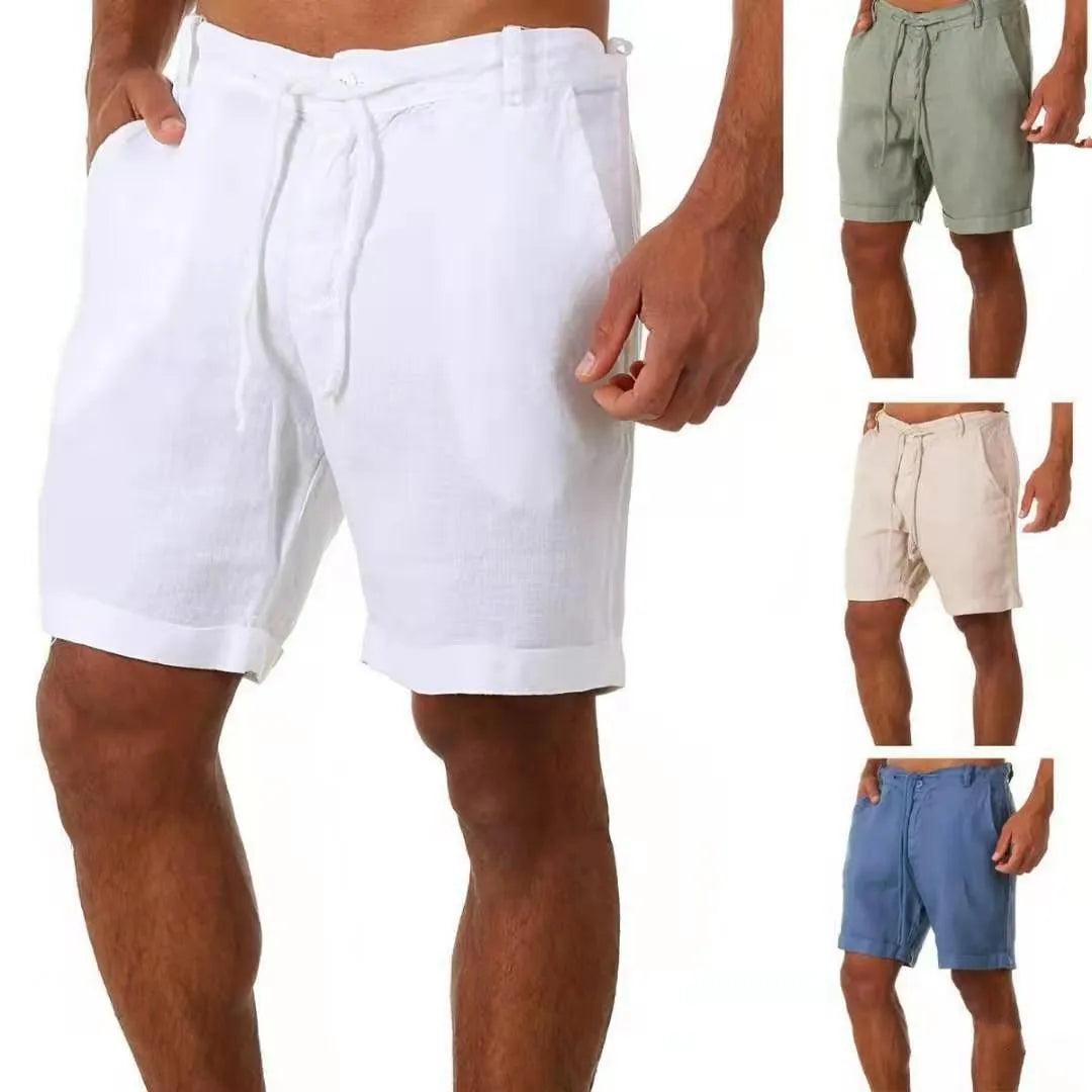 Button Men's Cotton Linen Shorts Pants Male Summer Breathable Solid Color Linen Trousers Fitness Streetwear