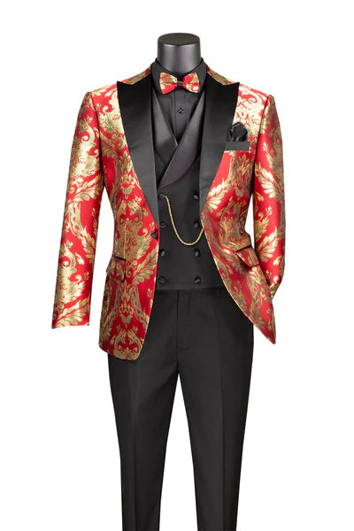 Versatile Looks Province Collection: Red 3 Piece Jacquard Fabric Single Breasted Modern Fit Suit Versatile Looks Province Collection: Red 3 Piece Jacquard Fabric Single Breasted Modern Fit Suit