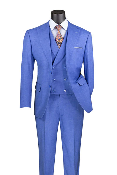 Comfortable Style Classique Collection: Blue 3 Piece Solid Color Single Breasted Modern Fit Suit