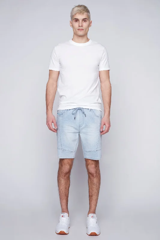 Relaxed Denim CASH - Mens Moto Stitch Denim Short - Blue Bleach