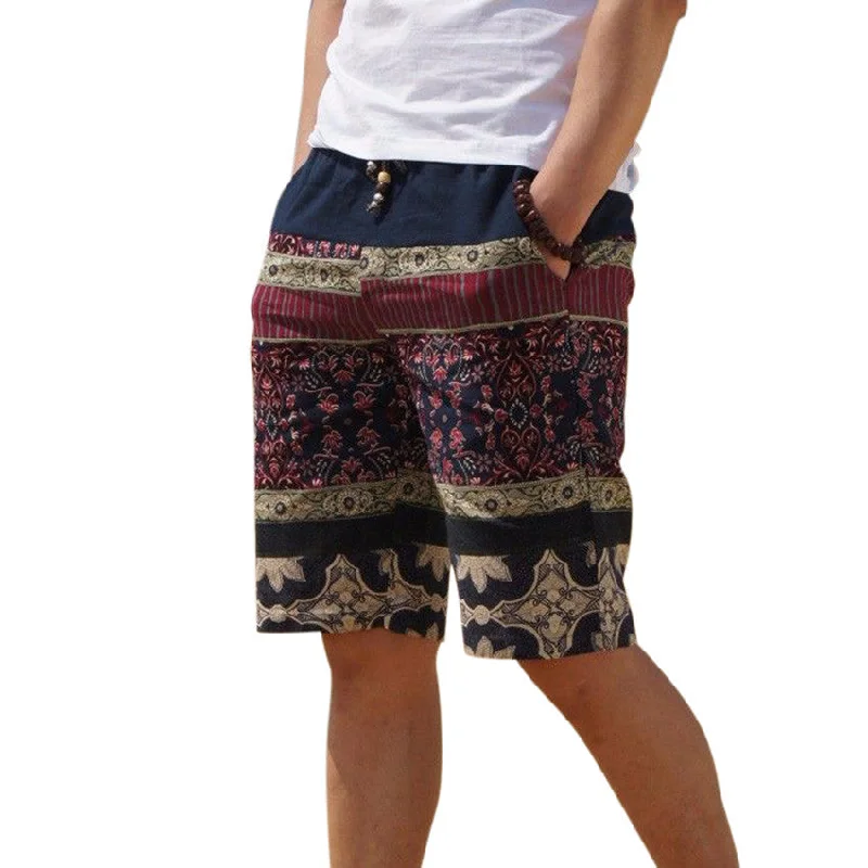 Fashion Basics Men's linen shorts personality ethnic style color stitching summer leisure wild men loose floral beach shorts