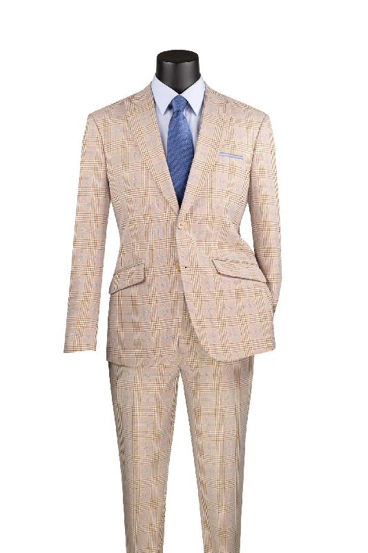 Moderno Collection: Beige 2 Piece Glen Plaid Single Breasted Slim Fit Suit