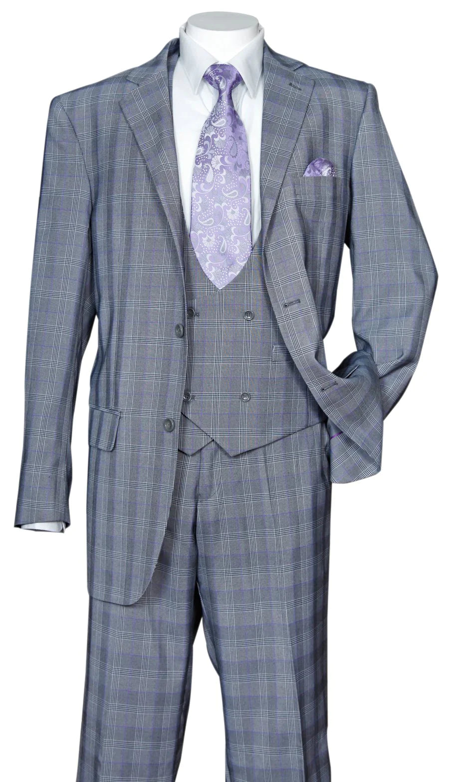 Grey Plaid 3 Piece Wool Feel Fashion Suit