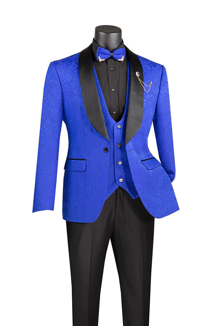 Relaxed Fit Riverra Collection: Royal 3 Piece Jacquard Pattern Single Breasted Slim Fit Tuxedo Relaxed Fit Riverra Collection: Royal 3 Piece Jacquard Pattern Single Breasted Slim Fit Tuxedo